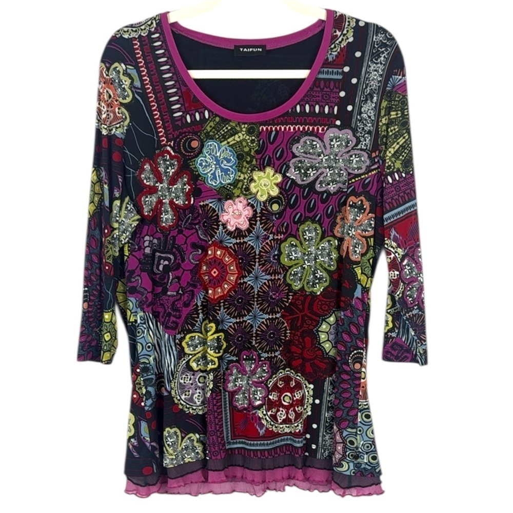 Taifun Multicoloured 3/4 Sleeve Ruffled Hem Graphic Blouse Size 14